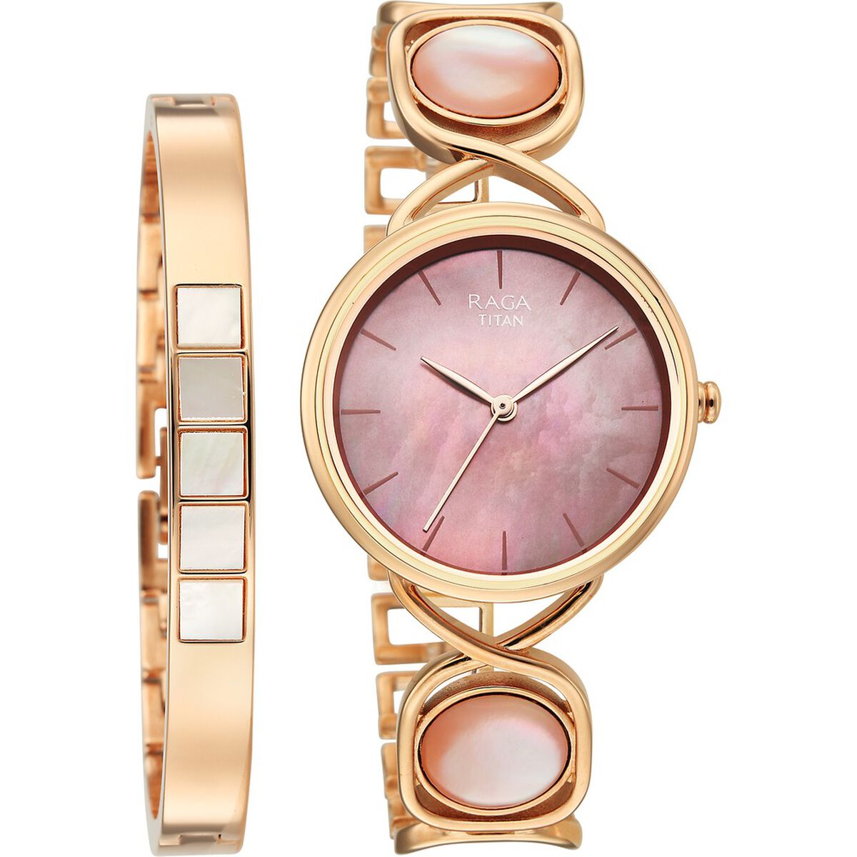 Titan Raga Power Pearls Quartz Analog Mother of Pearl Dial Rose Gold Metal Strap Watch For Women 1