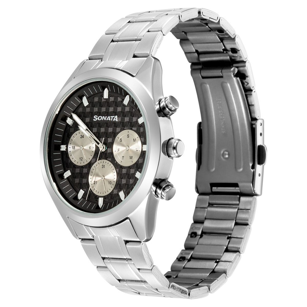 Sonata Multifunction Black Dial Silver Metal Strap Watch For Men 3