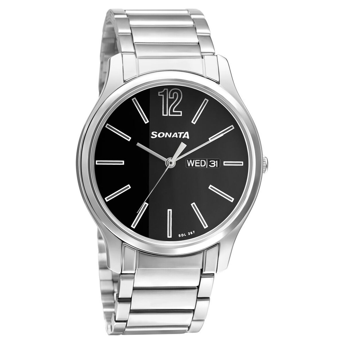 Sonata Quartz Analog with Day and Date Black Dial Stainless Steel Strap Watch for Men 1