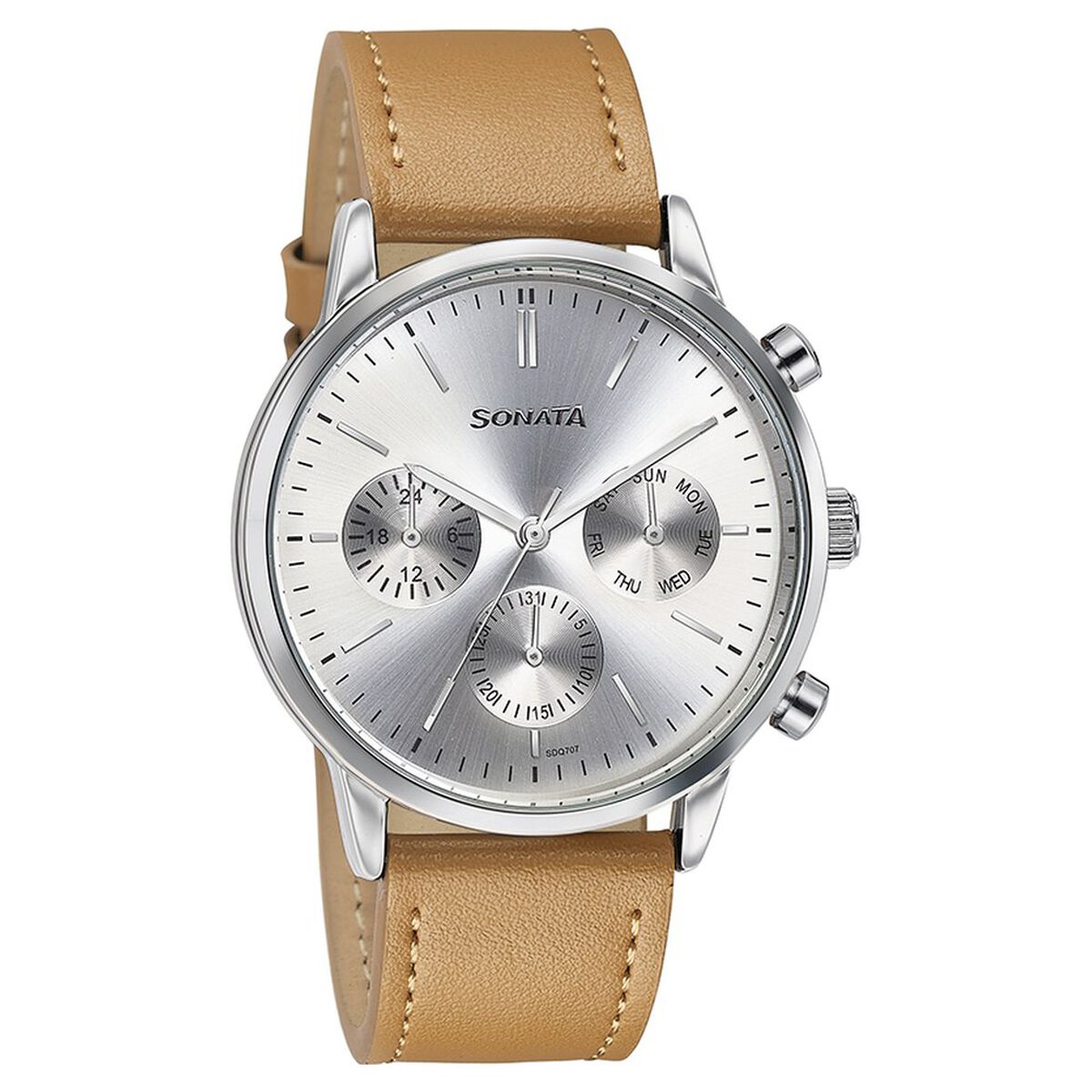 Sonata Quartz Multifunction Silver Dial Brown Leather Strap Watch For Men 3