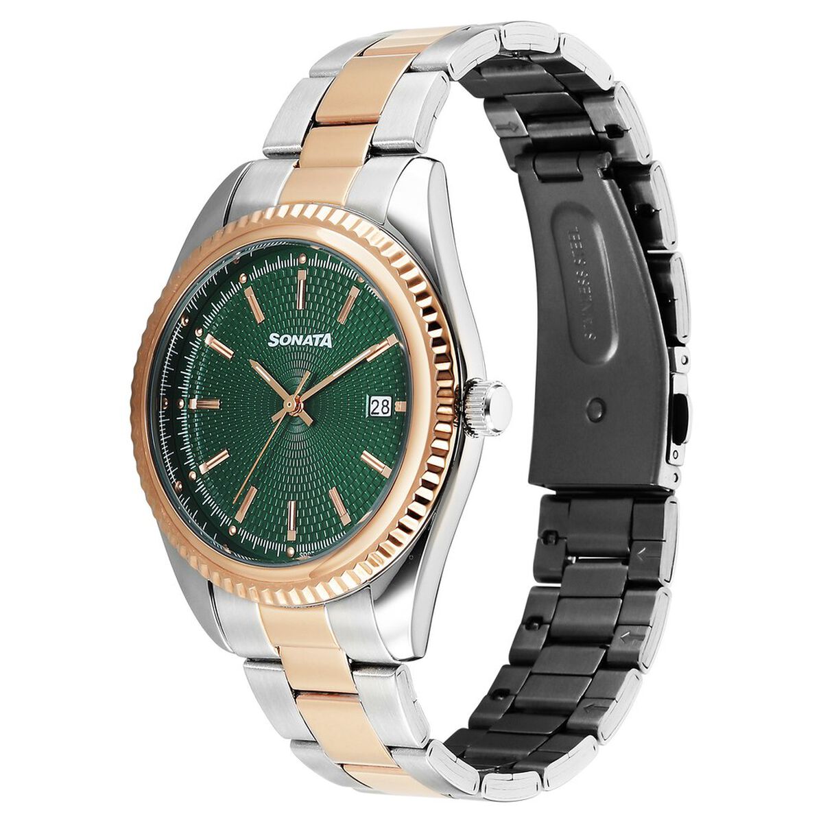 Sonata Festive Quartz Analog with Date Green Dial Metal Strap Watch For Men 3