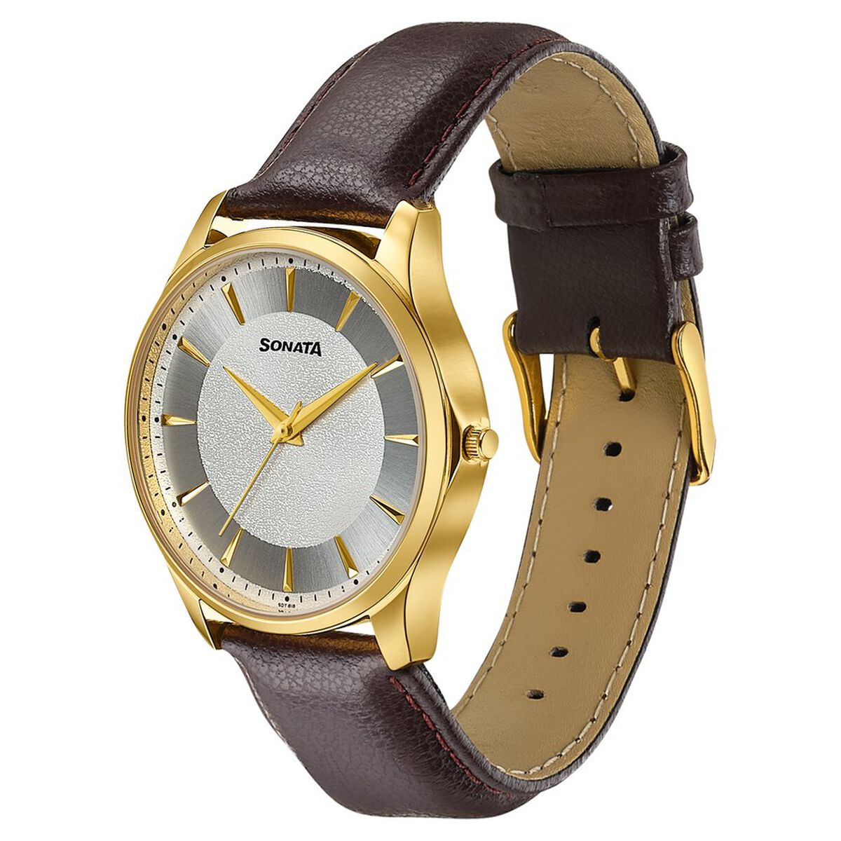 Sonata Traditional Essentials Silver Dial, Gold tone case Burgundy Genuine Leather Strap Watch 3