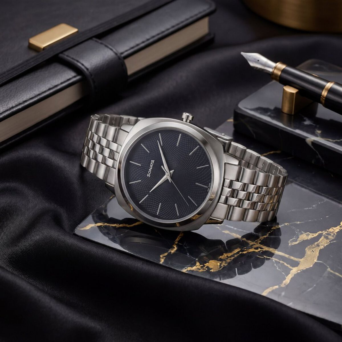 Sonata Vector Black Textured Dial Silver-Tone Bracelet Watch for Men 1