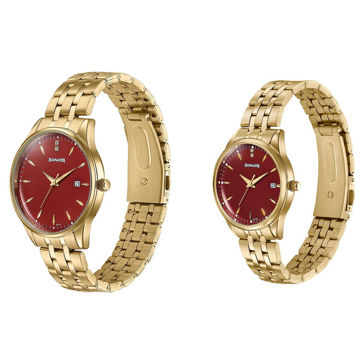 Sonata Jashn Quartz Analog Red Dial Golden Metal Strap Watch For Couple 3