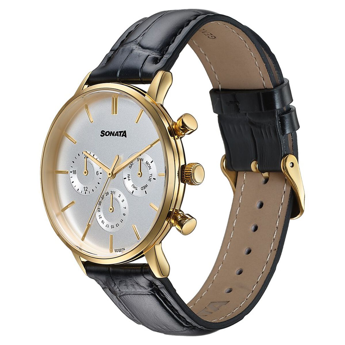 Sonata Festive Quartz Multifunction Two Toned Dial Black Leather Strap Watch For Men 3