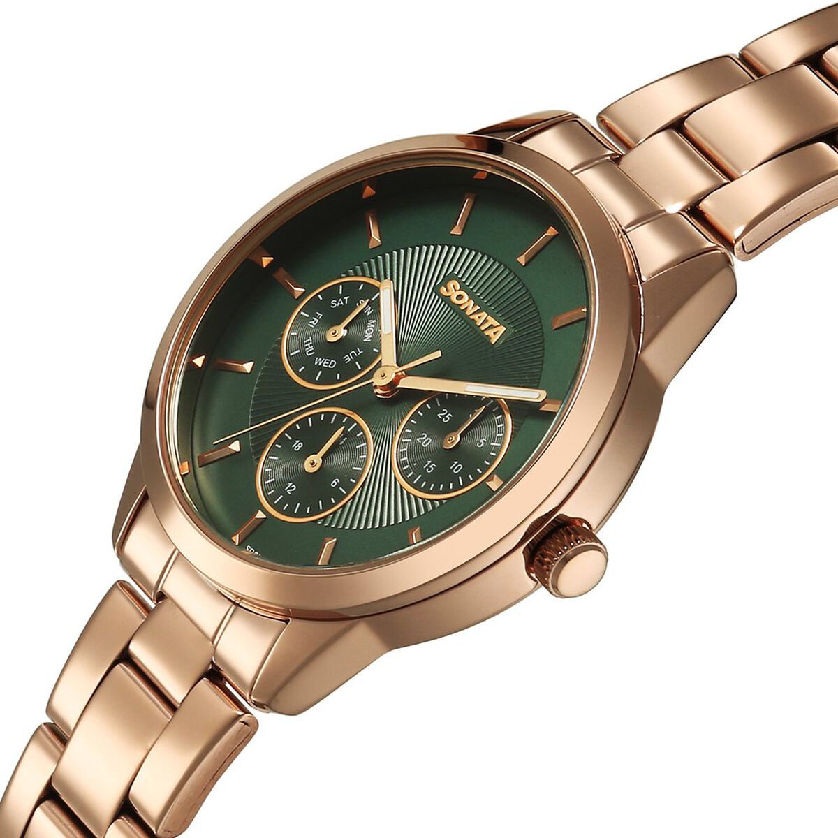Sonata Festive Quartz Multifunction Green Dial Metal Strap Watch For Women 3