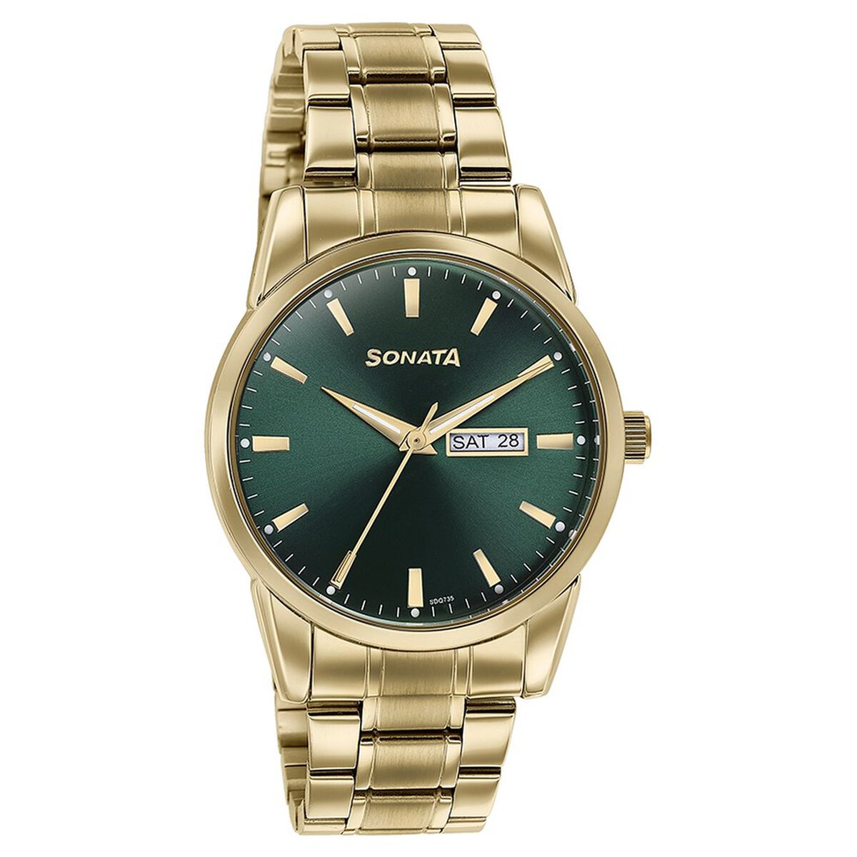 Sonata Quartz Analog with Day and Date Green Dial Golden Stainless Steel Strap Watch For Men 3