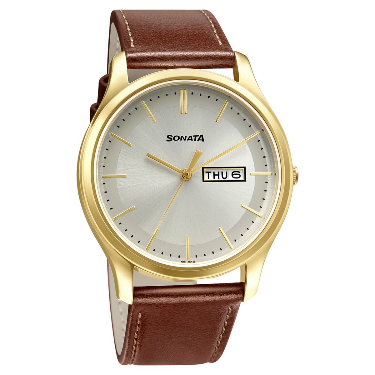 Sonata Quartz Analog with Day and Date Champagne Dial Leather Strap Watch for Men 1