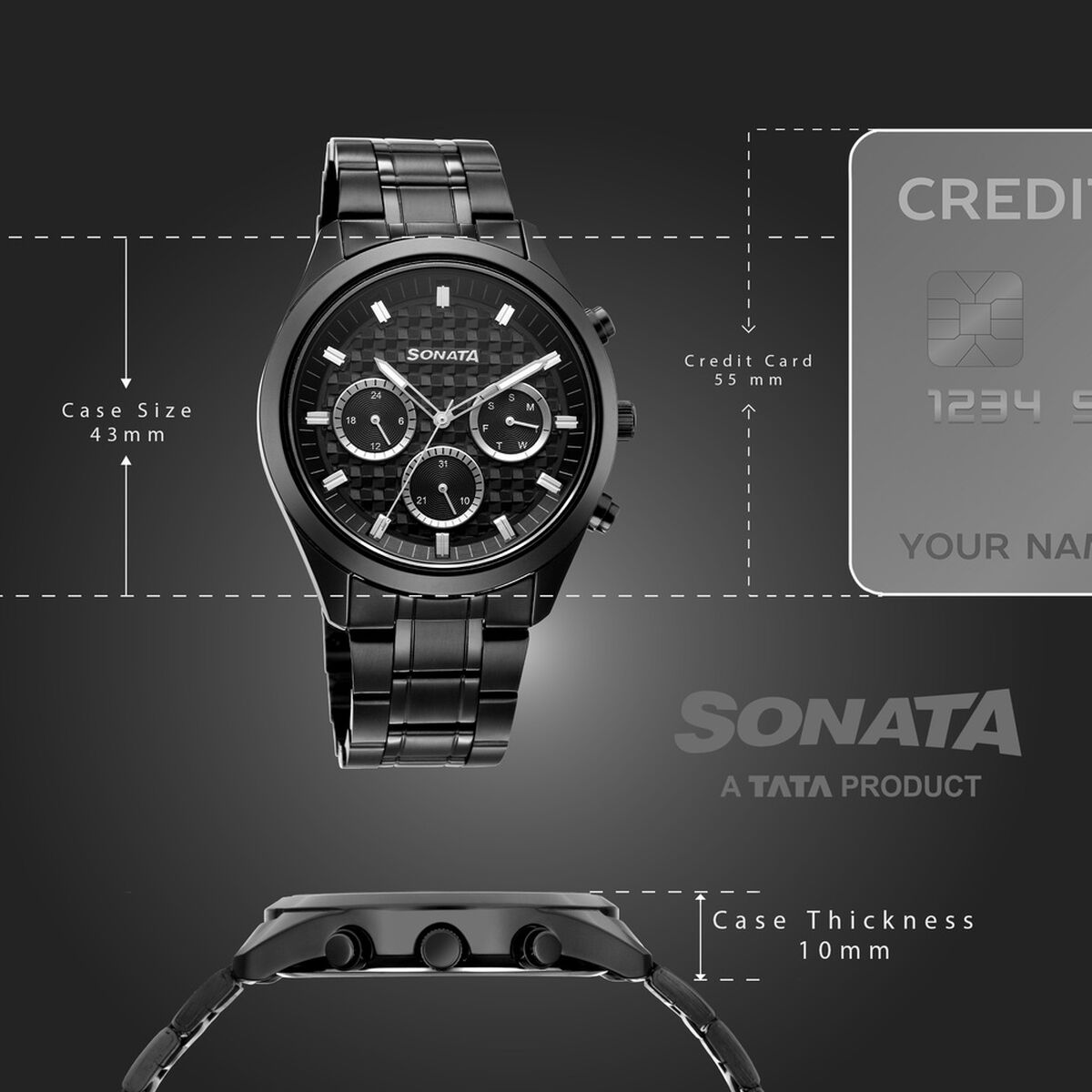 Sonata Multifunction Black Dial Black Metal Strap Watch For Men 4