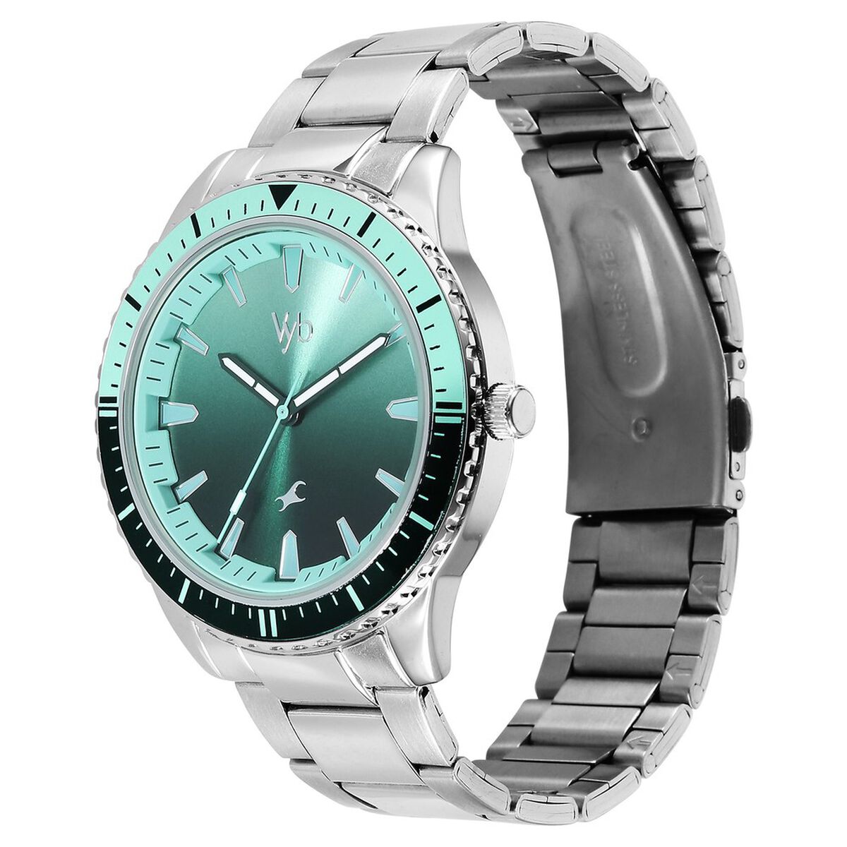 Vyb Hustler By Fastrack Quartz Analog Green Dial Silver Metal Strap Watch For Guys 3