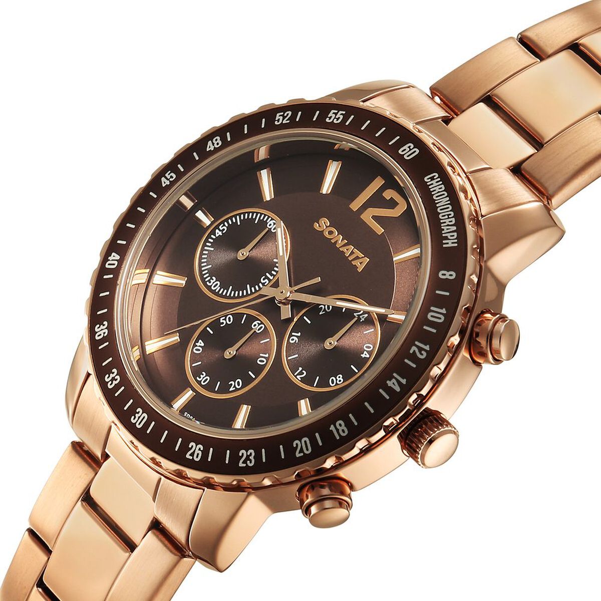 Sonata Chronos Quartz Analog with Date Brown Dial Rose Gold Colour Stainless Steel Strap Watch For Men 3