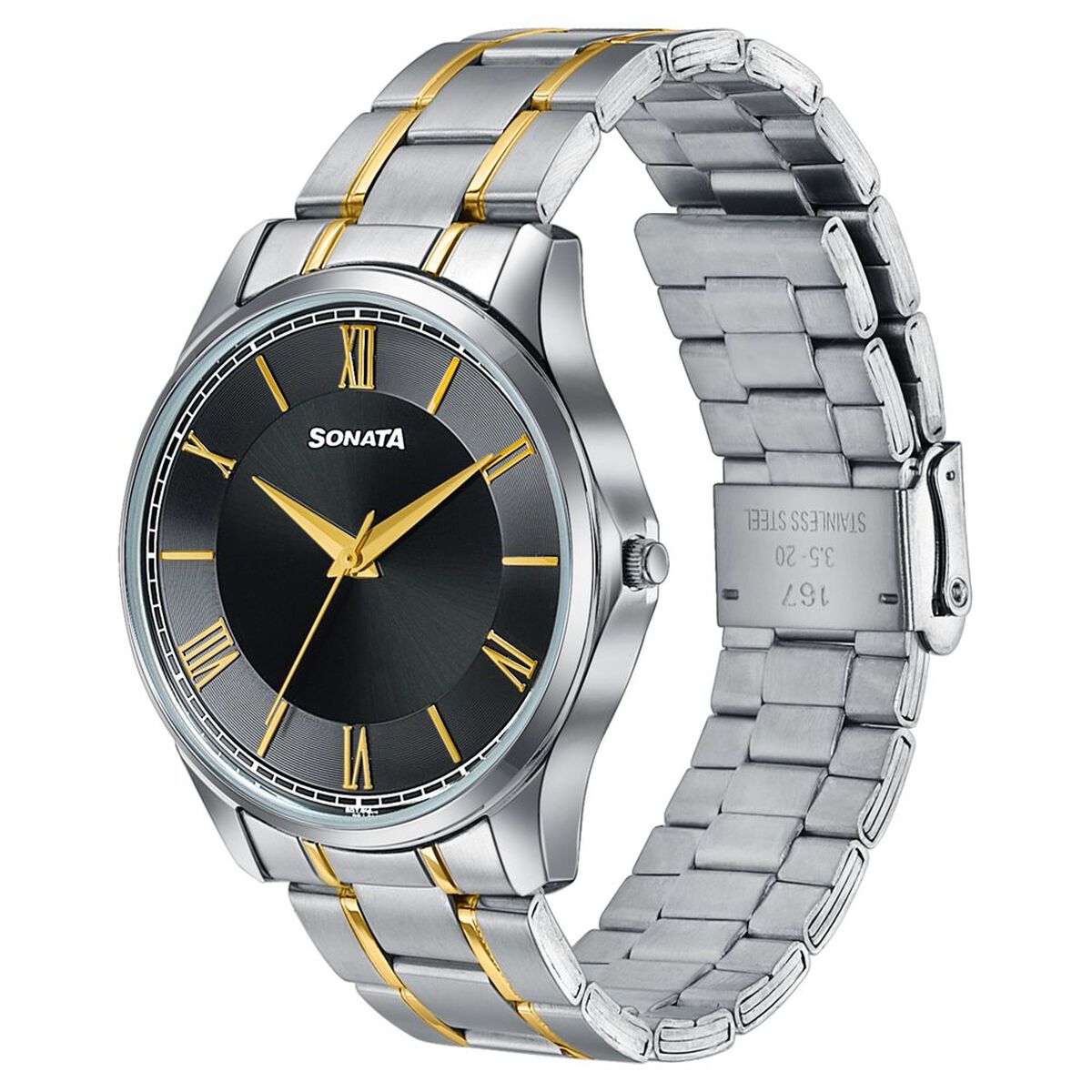 Sonata Traditional Essentials Black Dial Silver & Gold-Tone Stainless Steel Strap Watch 3