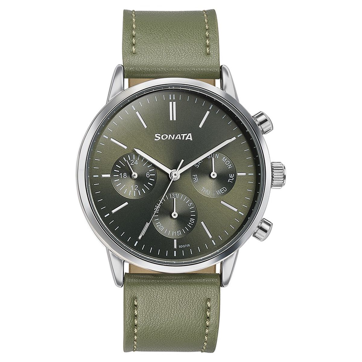 Sonata Quartz Multifunction Green Dial Green Leather Strap Watch For Men 2