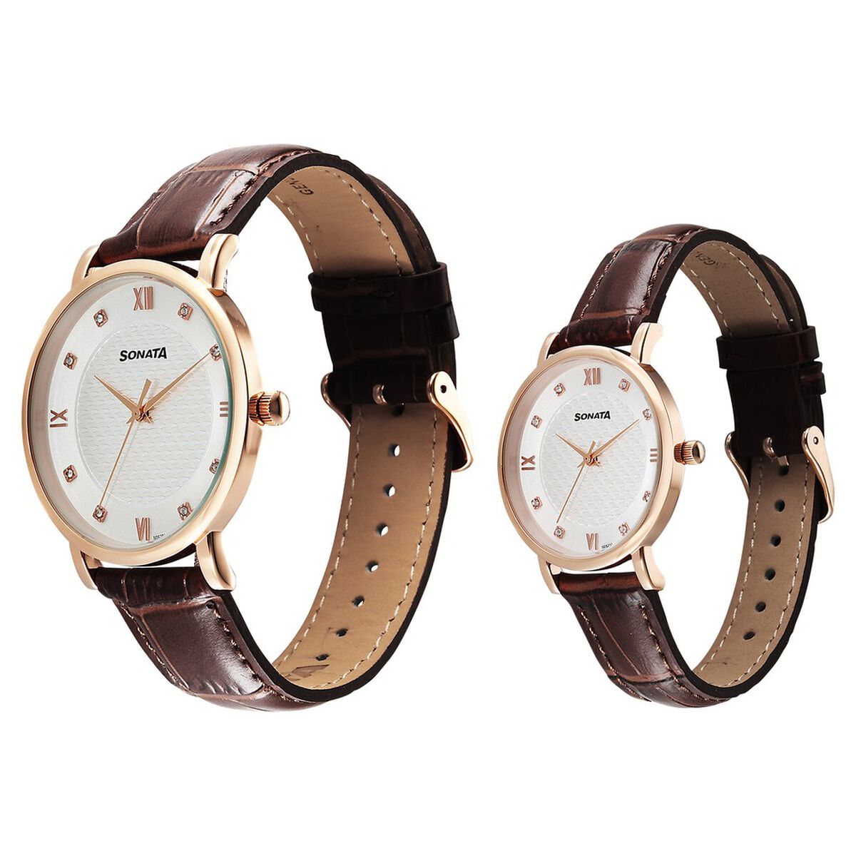 Sonata Perfect Pairs Quartz Analog White Dial Brown Leather Strap Watch For Couple 2