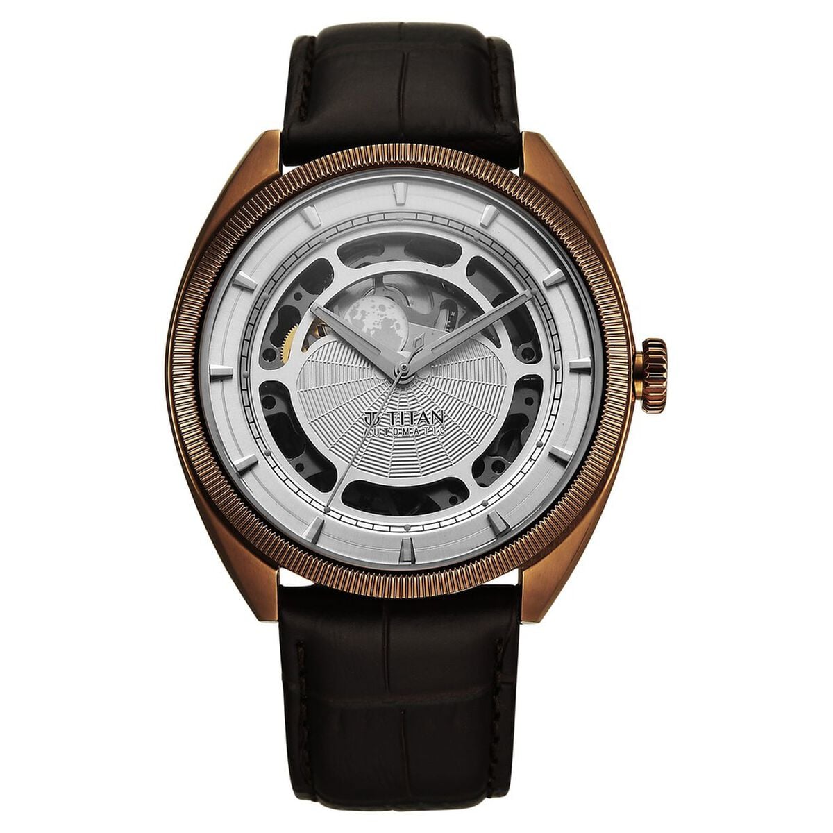 Titan Stellar Cupola Automatic Analog with Sun Moon Phase and Silver Dial Brown Leather Strap Watch for Men 2