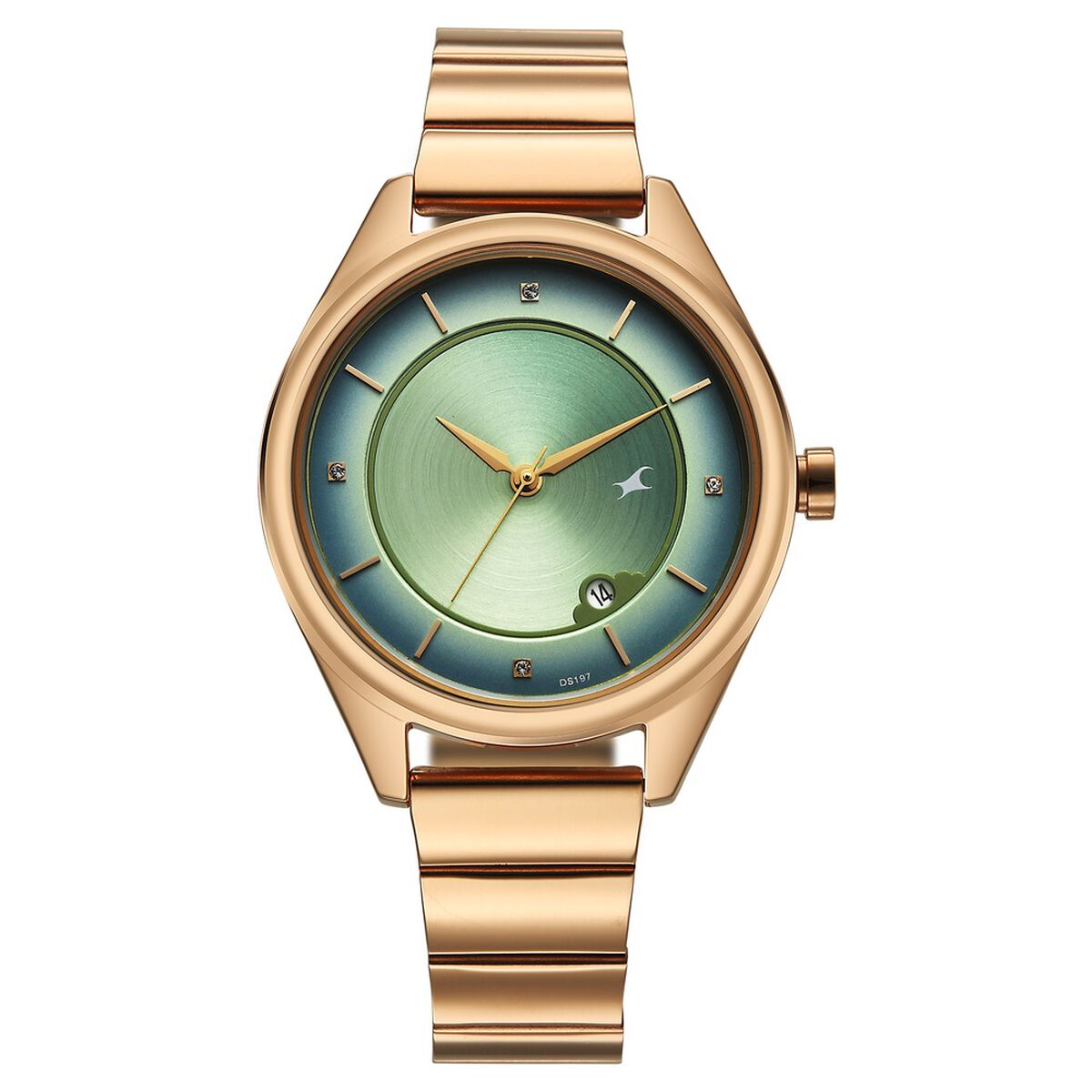 Fastrack Style Up Quartz Analog with Date Green Dial Rose Gold Colour Stainless Steel Strap Watch For Girls 1