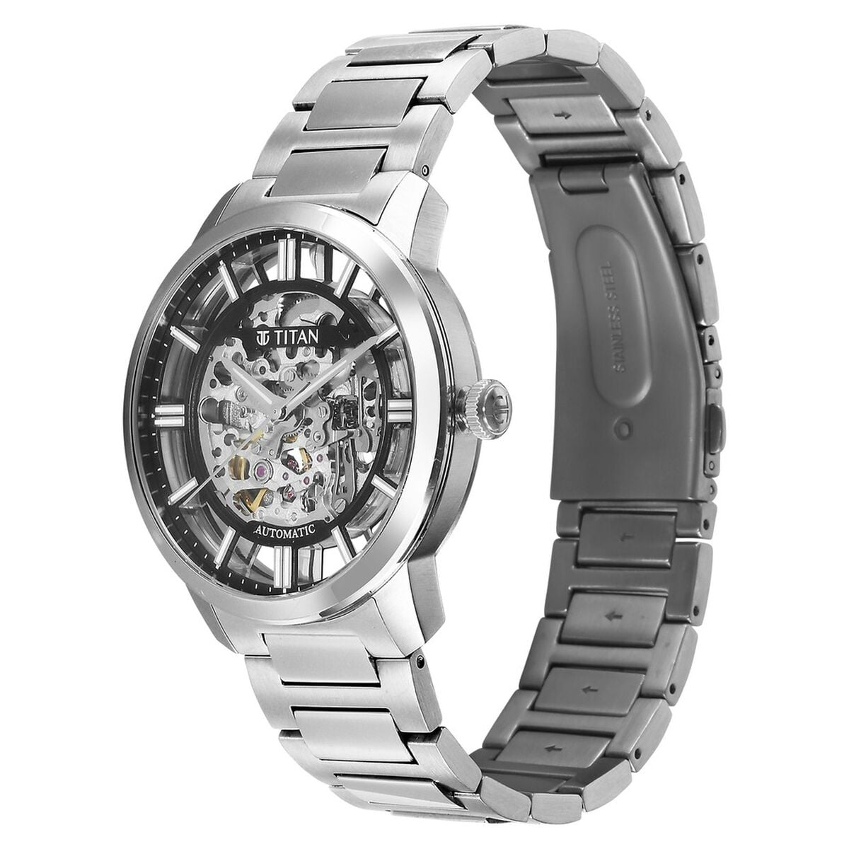Titan See-Through Skeletal Automatic Analog with Black Dial Silver Stainless Steel Strap Watch for Men 5