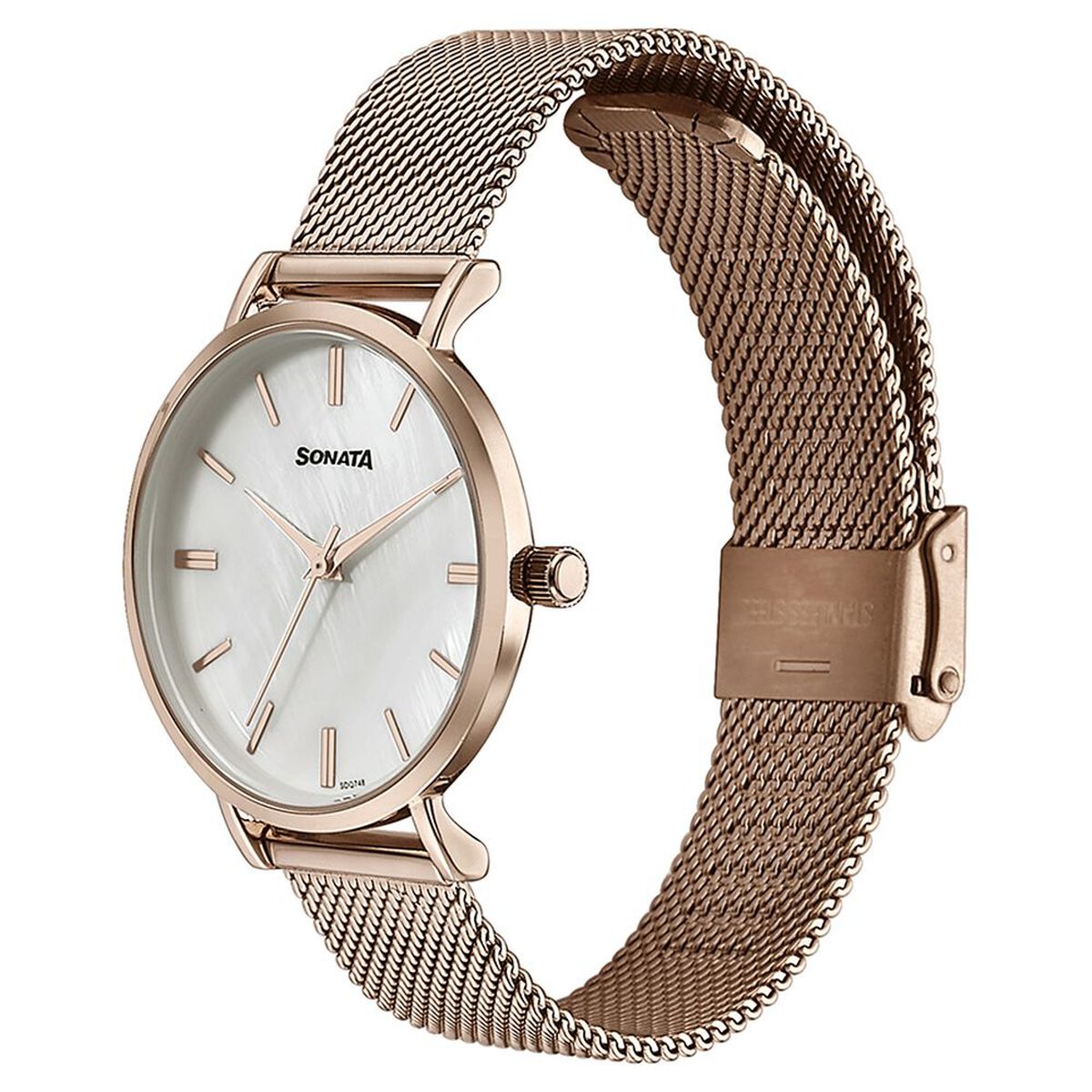 Sonata Quartz Analog White Round Dial Rose Gold Stainless Steel Strap Watch For Women 4