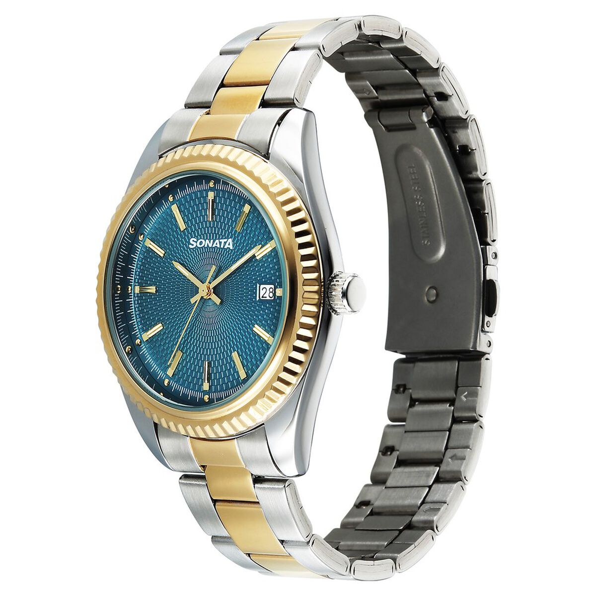 Sonata Festive Quartz Analog with Date Teal Dial Metal Strap Watch For Men 2