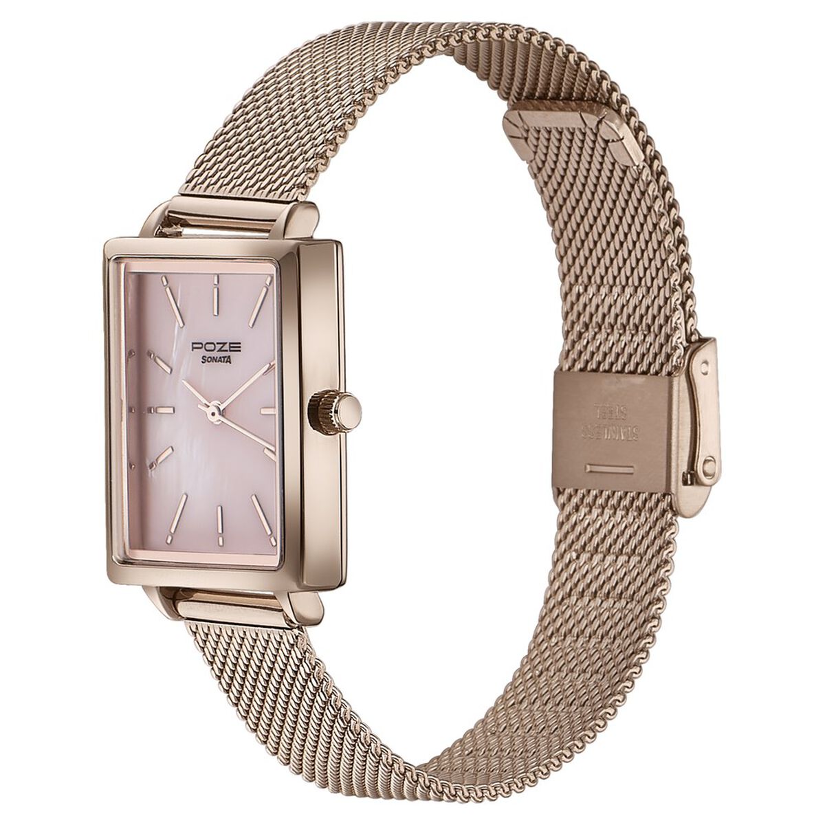 Sonata Poze Quartz Analog Pink Mother Of Pearl Dial Rose Gold Color Stainless Steel Strap Watch For Women 4