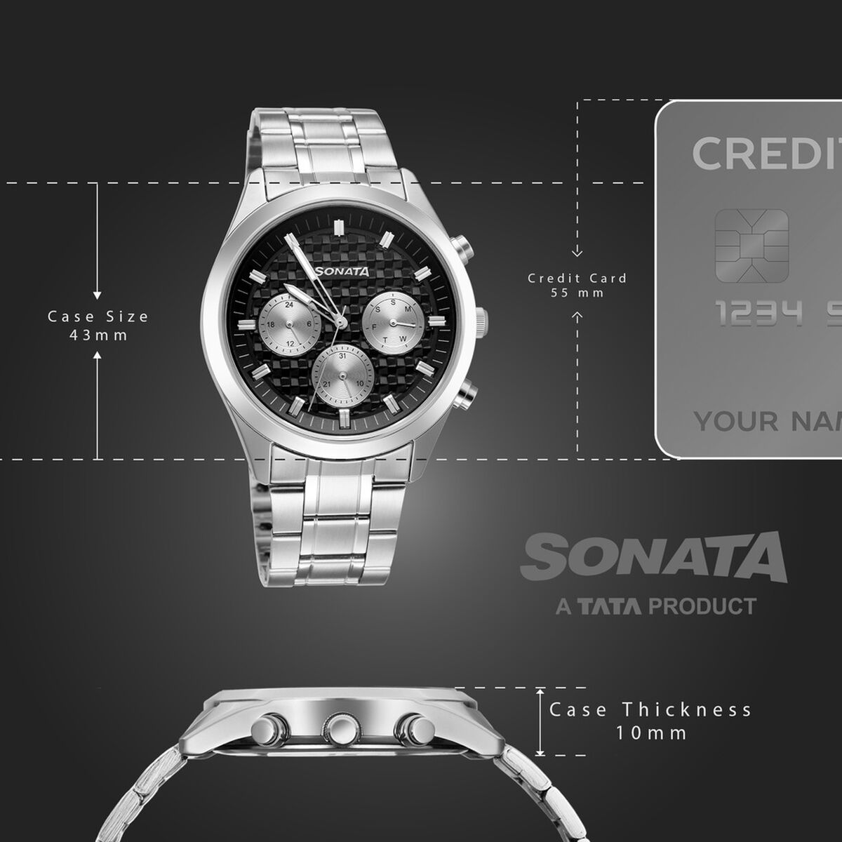 Sonata Multifunction Black Dial Silver Metal Strap Watch For Men 4