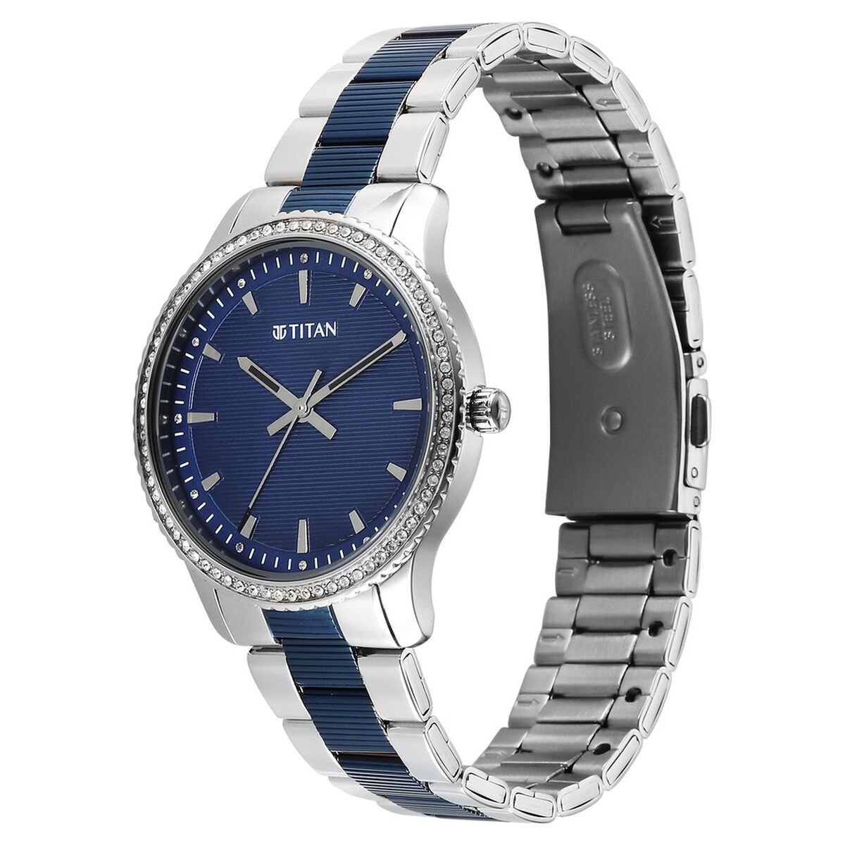 Titan Purple Sports Fashion Quartz Analog Blue Dial Two Toned Stainless Steel Strap Watch For Women 3