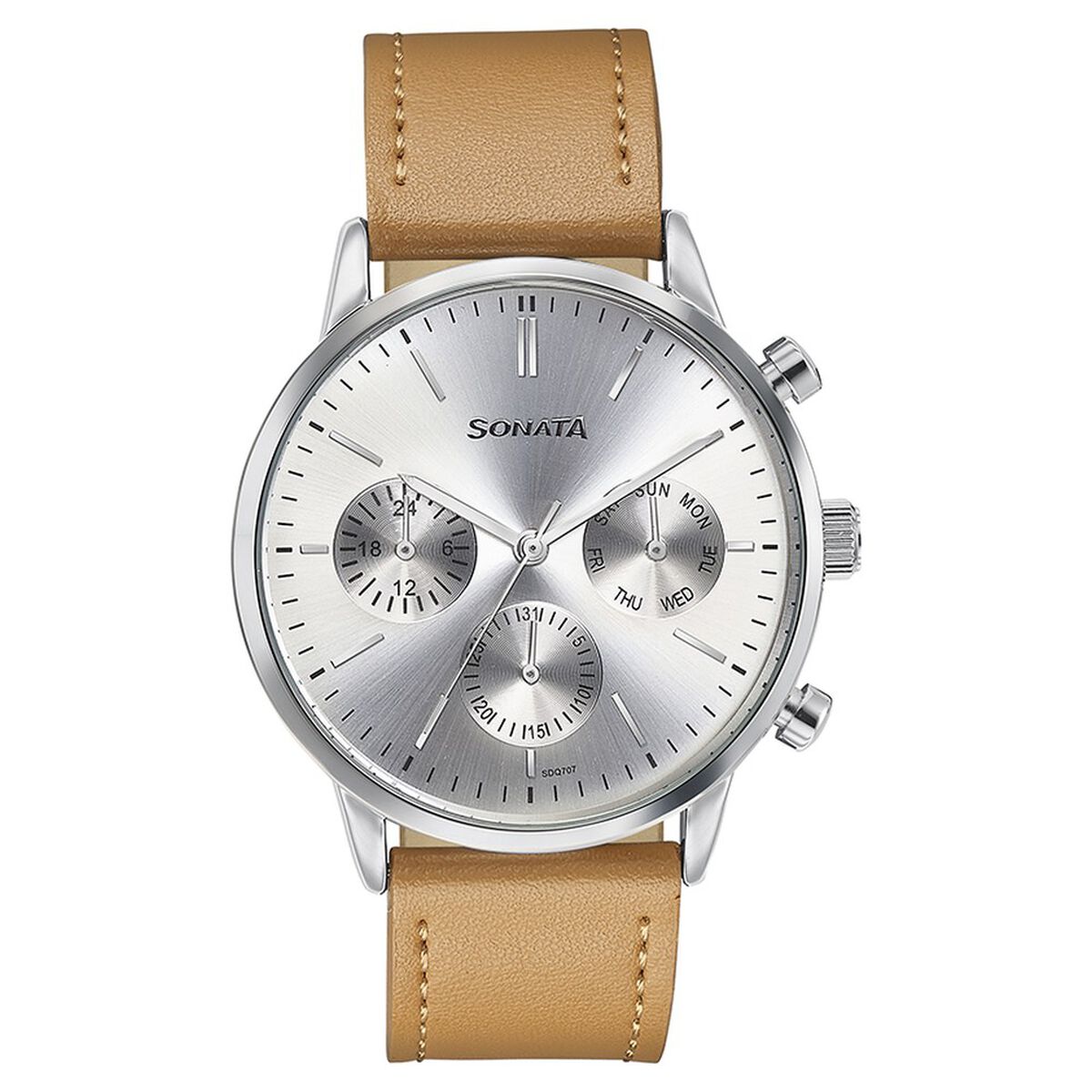 Sonata Quartz Multifunction Silver Dial Brown Leather Strap Watch For Men 2