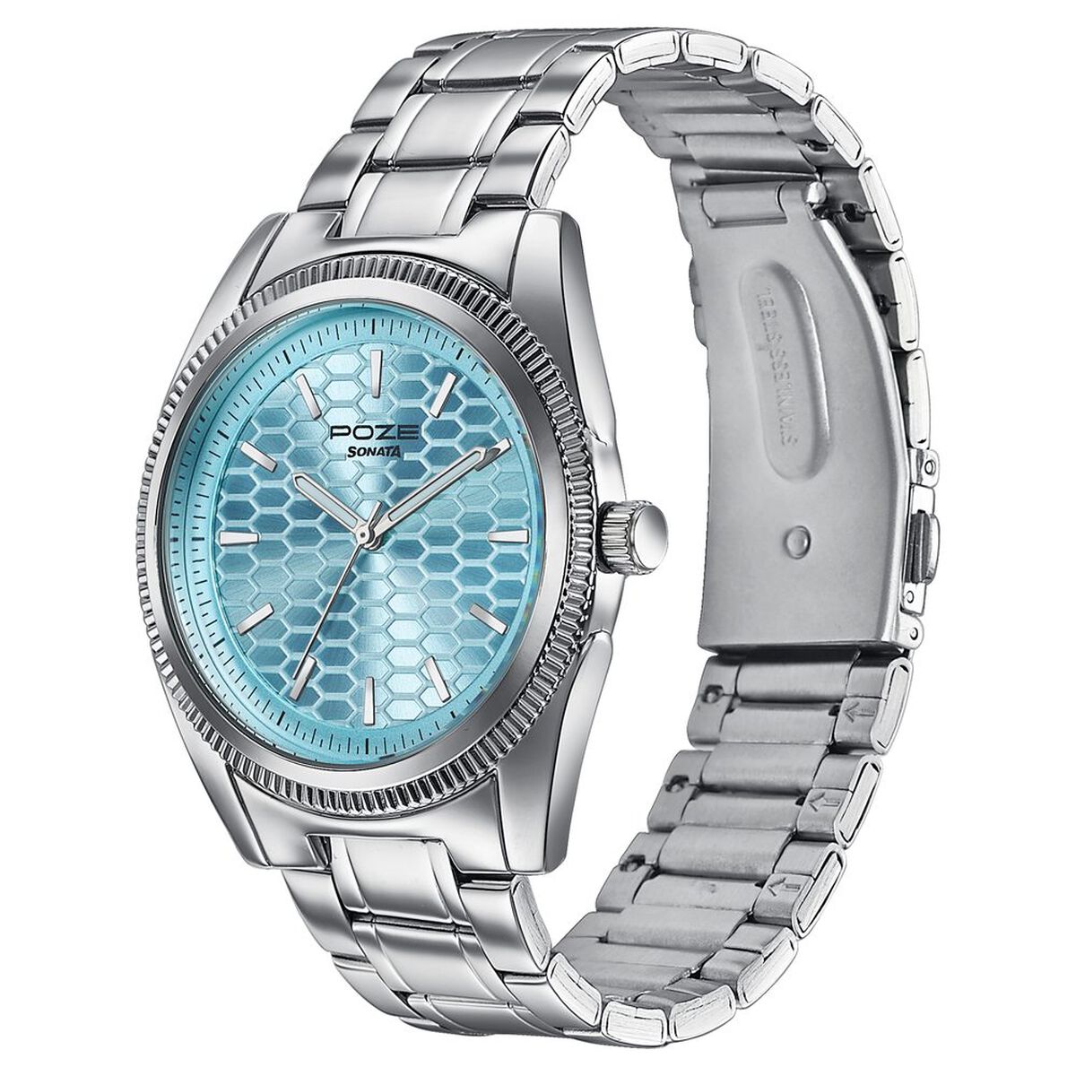 Poze By Sonata Quartz Analog Blue Dial Silver Metal Strap Watch For Men 5