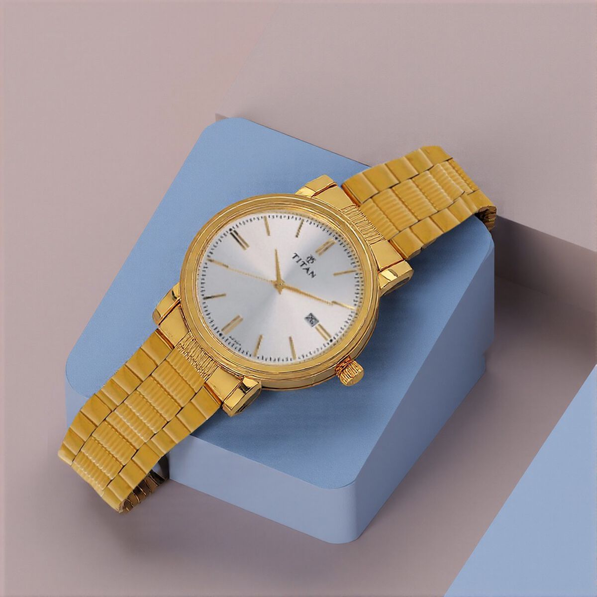 Titan Quartz Analog with Date Silver Dial Golden Stainless Steel Strap Watch For Men 1