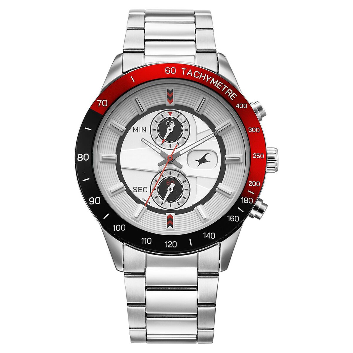 Fastrack Overdrive Quartz Chronograph Tachymeter White Dial Silver Stainless Steel Strap Watch For Guys 1
