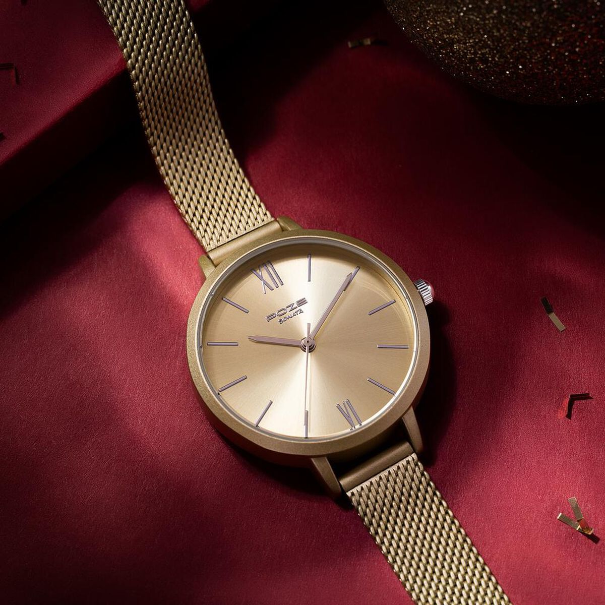 Sonata Poze Quartz Analog Golden Dial Mesh Strap Watch for Women 1