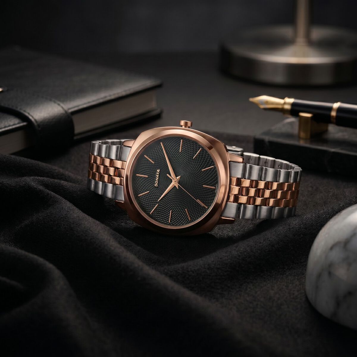 Sonata Vector Black Dial Two-Tone Bracelet Watch for Men 1